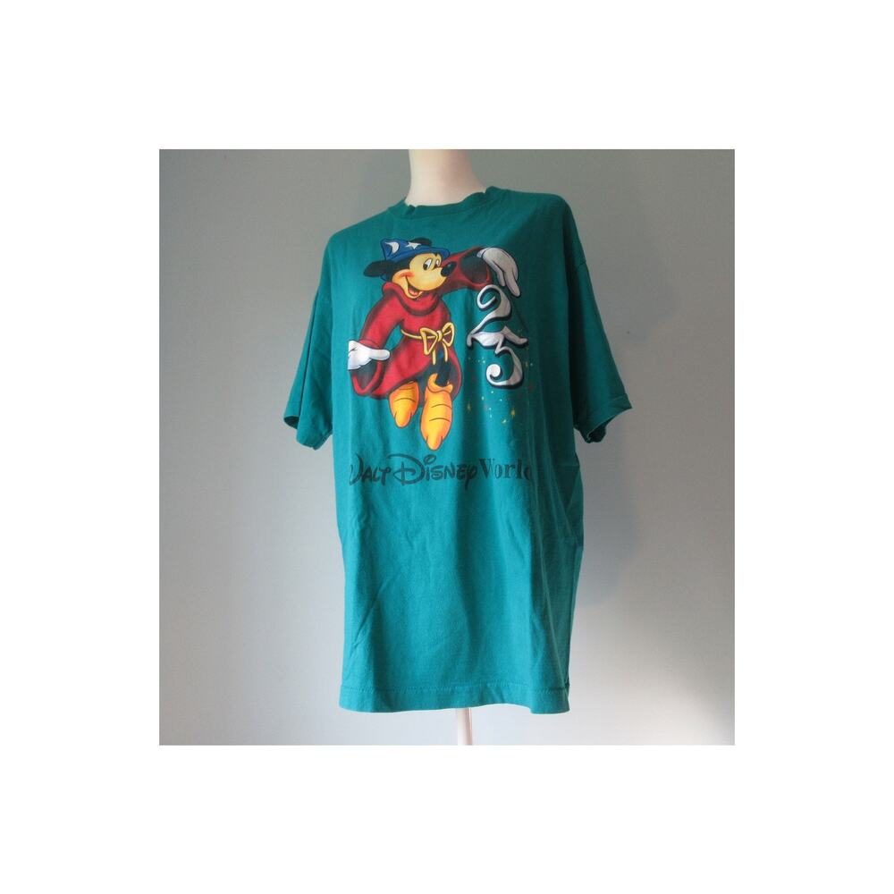 Vintage Walt Disney World 25th Aniv Sorcerer Mickey Teal Shirt; Made in USA XL